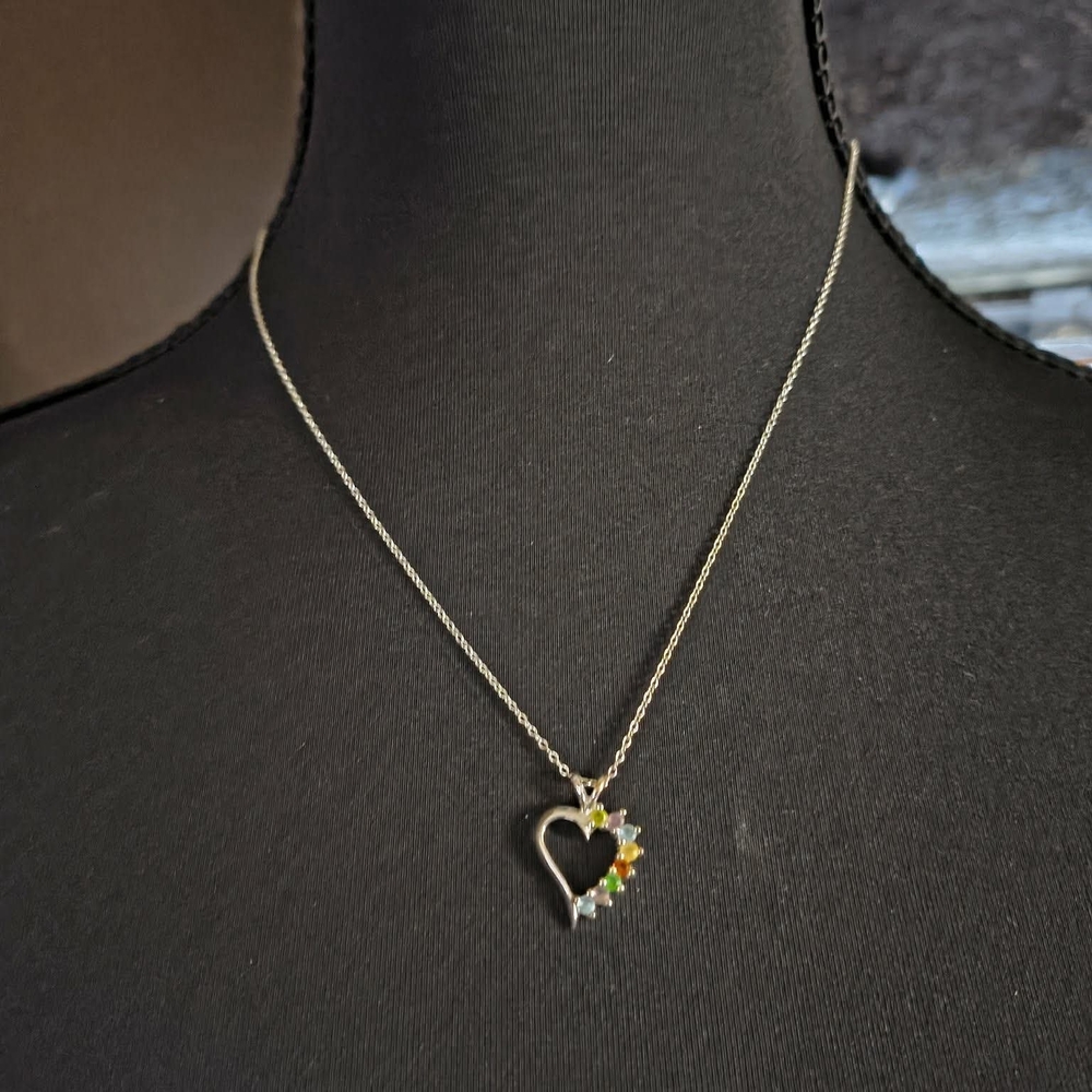 Silvertone Heart Pendant Necklace with Multicolor Gem Accents